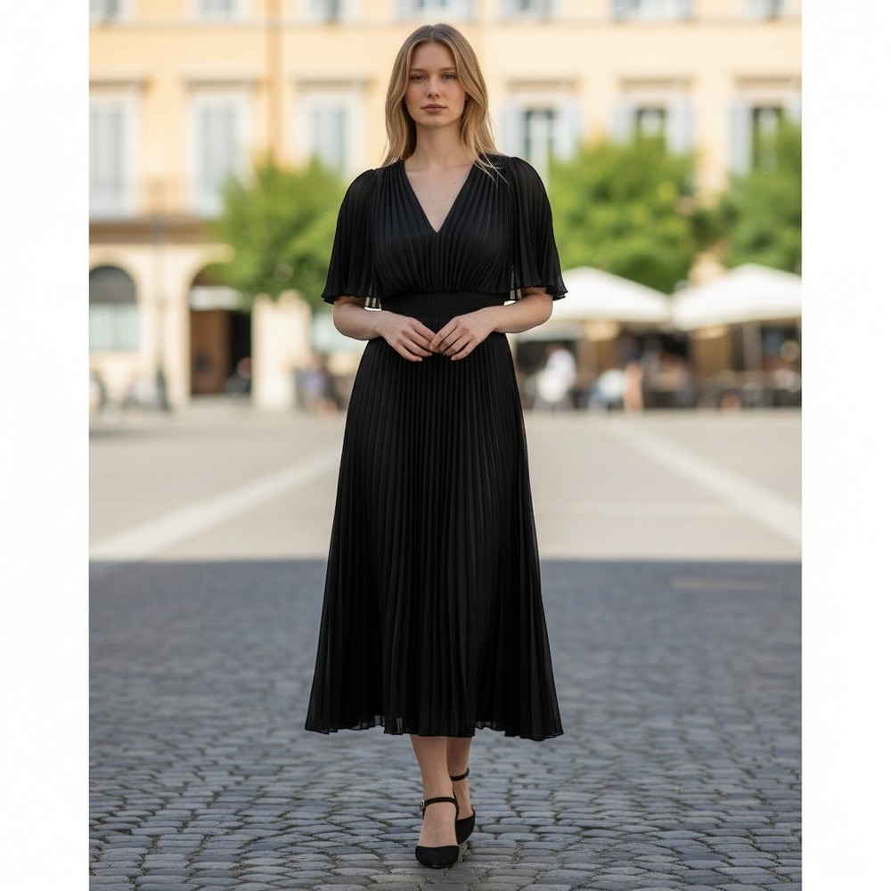Express Cocktail Dress Womens XS Black Pleated Capelet Tea Smocked Waist V-Neck